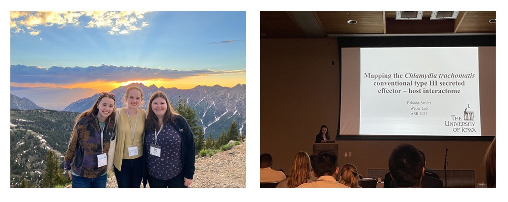 Combined photos from ASR conference. Depicts group photo of Mary, Paige, and Bri, as well as Bri giving her talk.