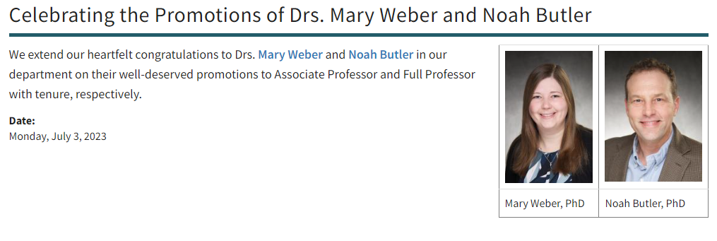 Shows image of the announcement that Mary and Noah were promoted and have received tenure.