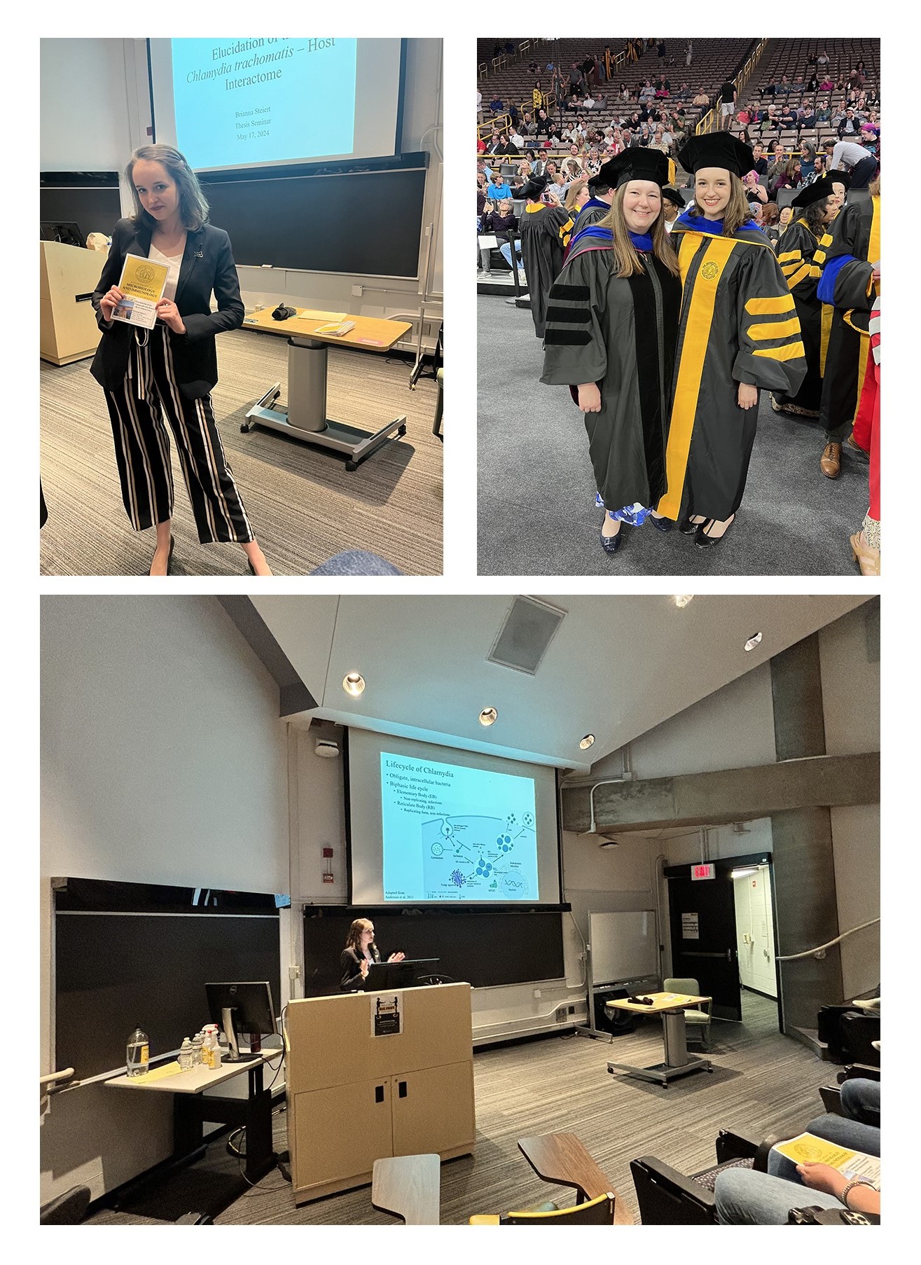 Set of images depicting Bri before her thesis defense, her actively presenting her thesis, as well as at graduation with her mentor Mary Weber.