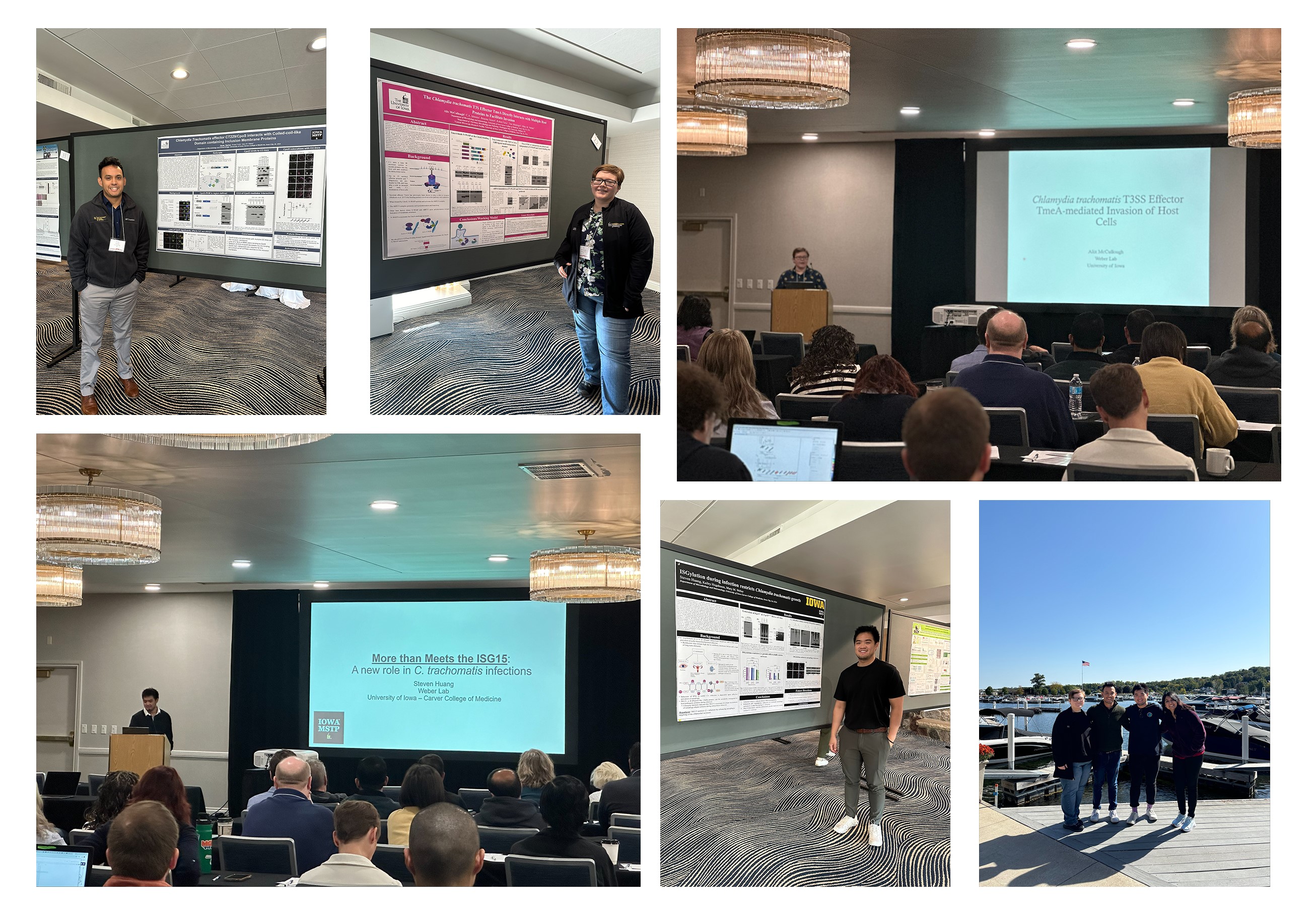 Collage of images from the lakeside conference that depicts all members who attended next to their posters or giving their oral presentation.