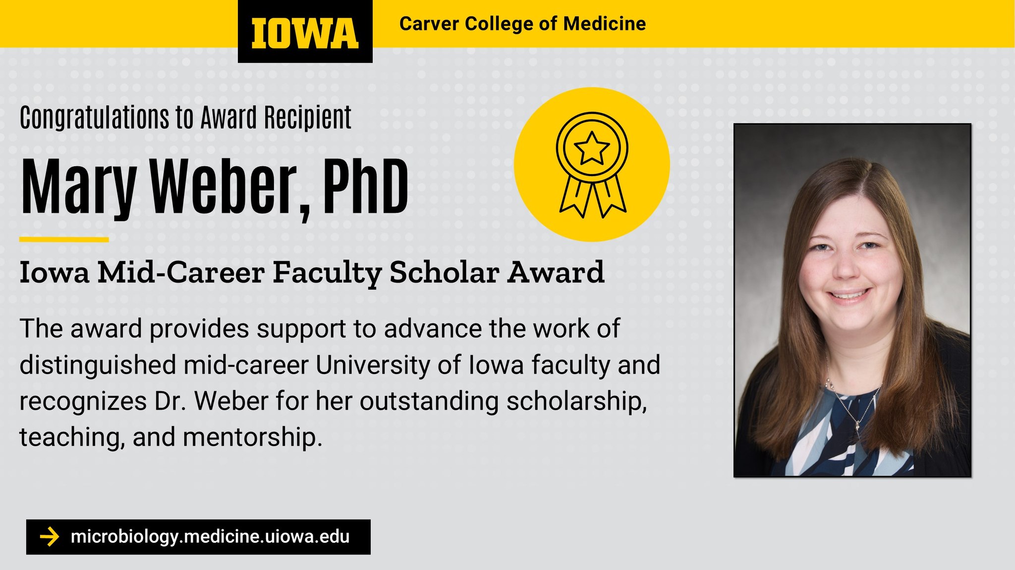 Image depicting the award announcement for Mary Weber for the Iowa Mid-Career Faculty Scholar Award.