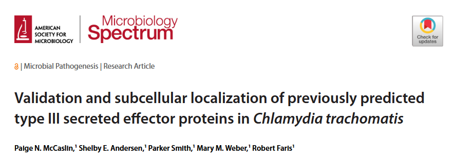 Screenshot of title of Paige's Microbiology Spectrum paper: Validation and subcellular localization of previously predicted type III secreted effector proteins in Chlamydia trachomatis.