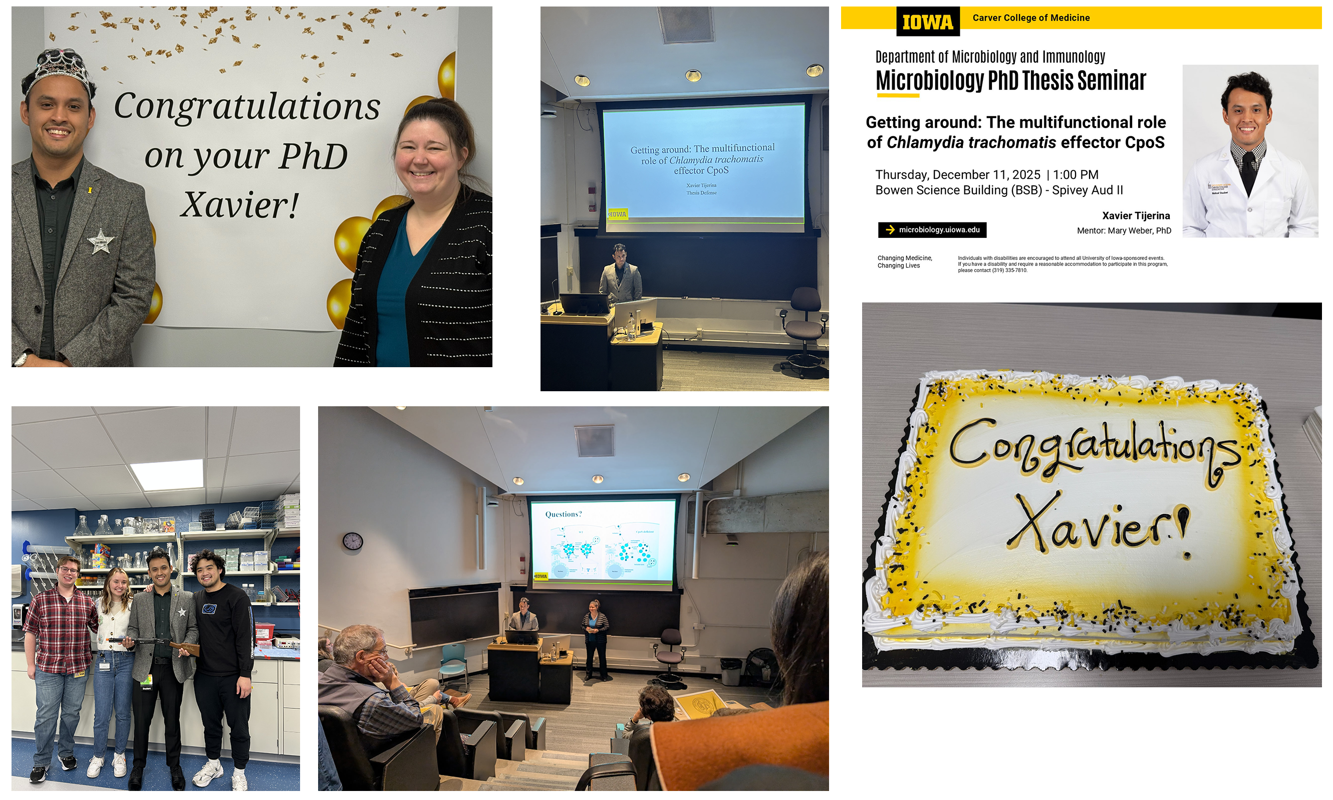 Collage of images depicting Xavier Tijerina defending his thesis. 