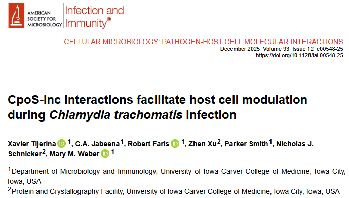 Screenshot of the title head of Xavier Tijerina's paper CpoS-Inc interactions facilitate host cell modulation during Chlamydia trachomatis infection. 