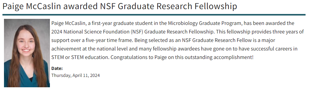 Image displaying announcement congratulating Paige on receiving NSF Graduate Research Fellowship. 